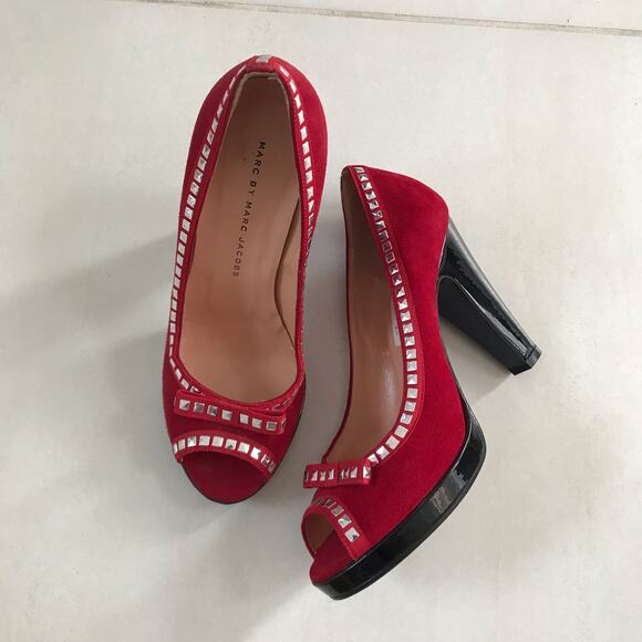 Marc Marc Jacobs Suede Bow Open Toe Studded Heels - Picture 1 of 12